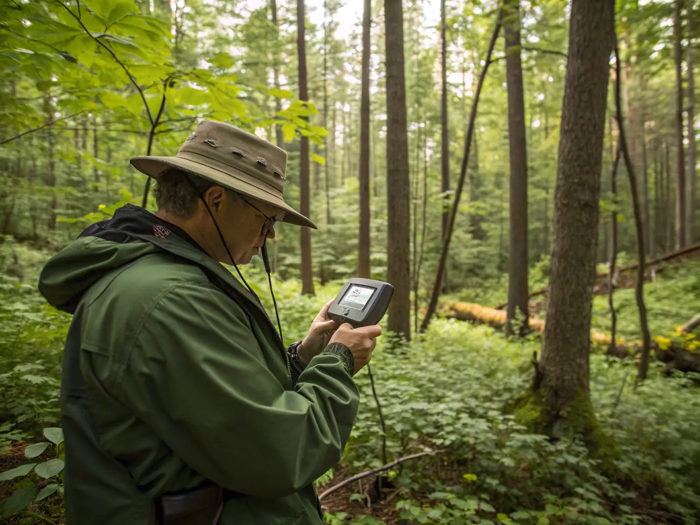 An image showing a wildlife biologist monitoring animal populations in their natural habitat, representing SOCIETE DE CHASSE DE NAVES's dedication to wildlife management and conservation.
