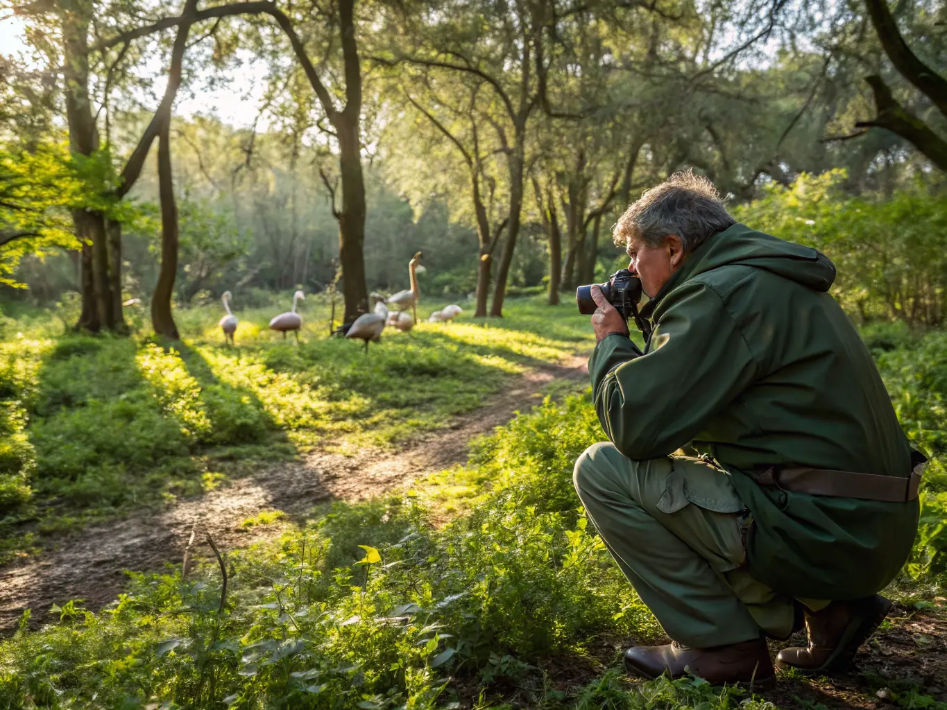 An image showing a wildlife biologist monitoring animal populations in a local forest, highlighting SOCIETE DE CHASSE DE NAVES's dedication to wildlife management and conservation.
