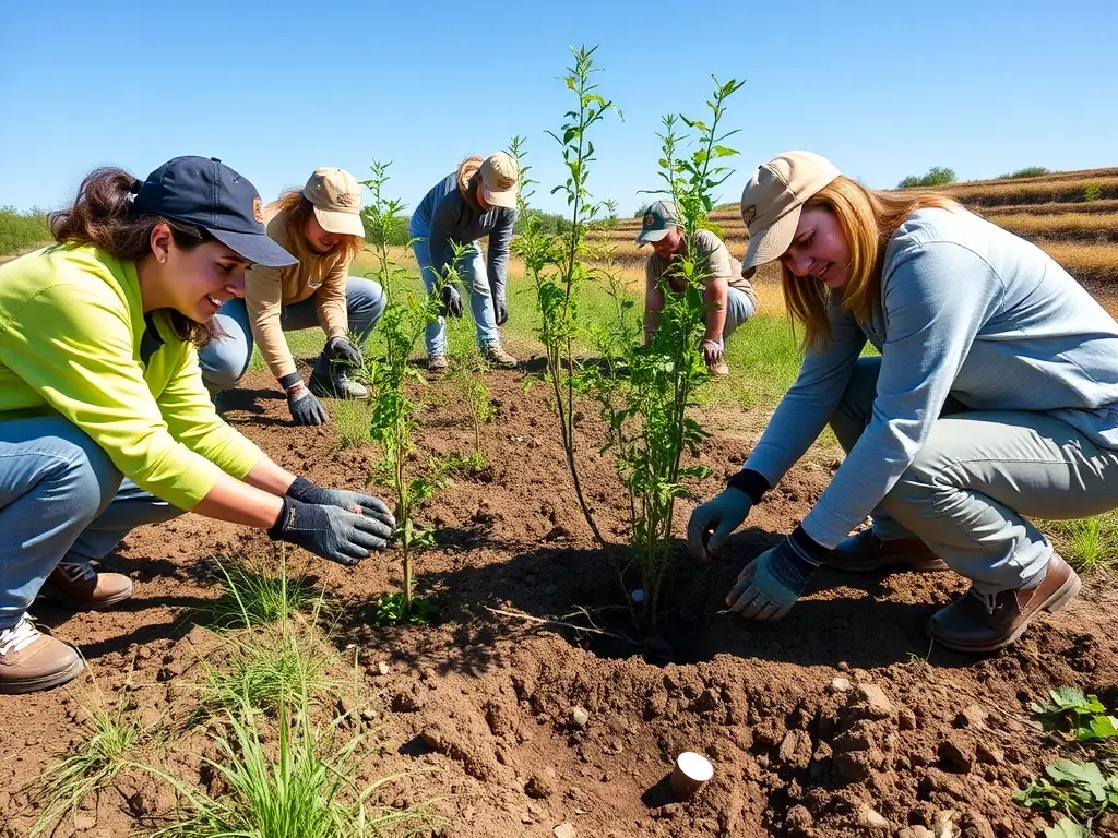 A photograph depicting a group of volunteers planting trees in a deforested area, symbolizing SOCIETE DE CHASSE DE NAVES's commitment to habitat restoration and ecosystem preservation.