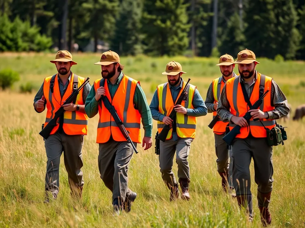 A group of hunters participating in a supervised hunting activity in a forest, emphasizing safety and responsible hunting practices.