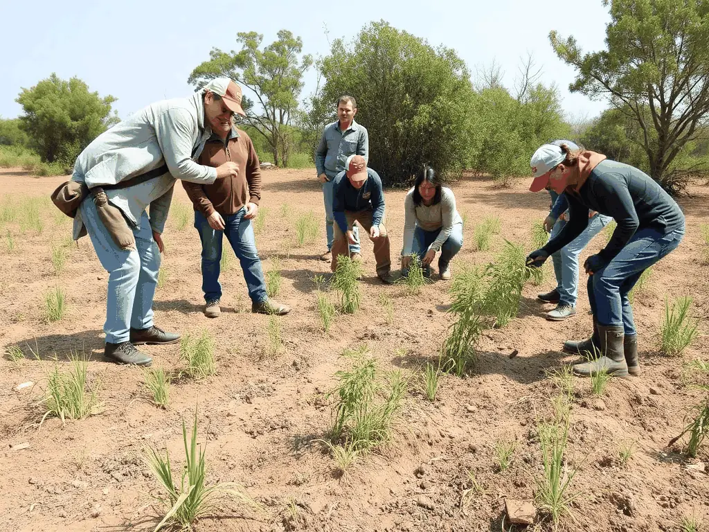 A photograph capturing a group of volunteers planting trees in a deforested area, symbolizing the reforestation efforts of SOCIETE DE CHASSE DE NAVES.