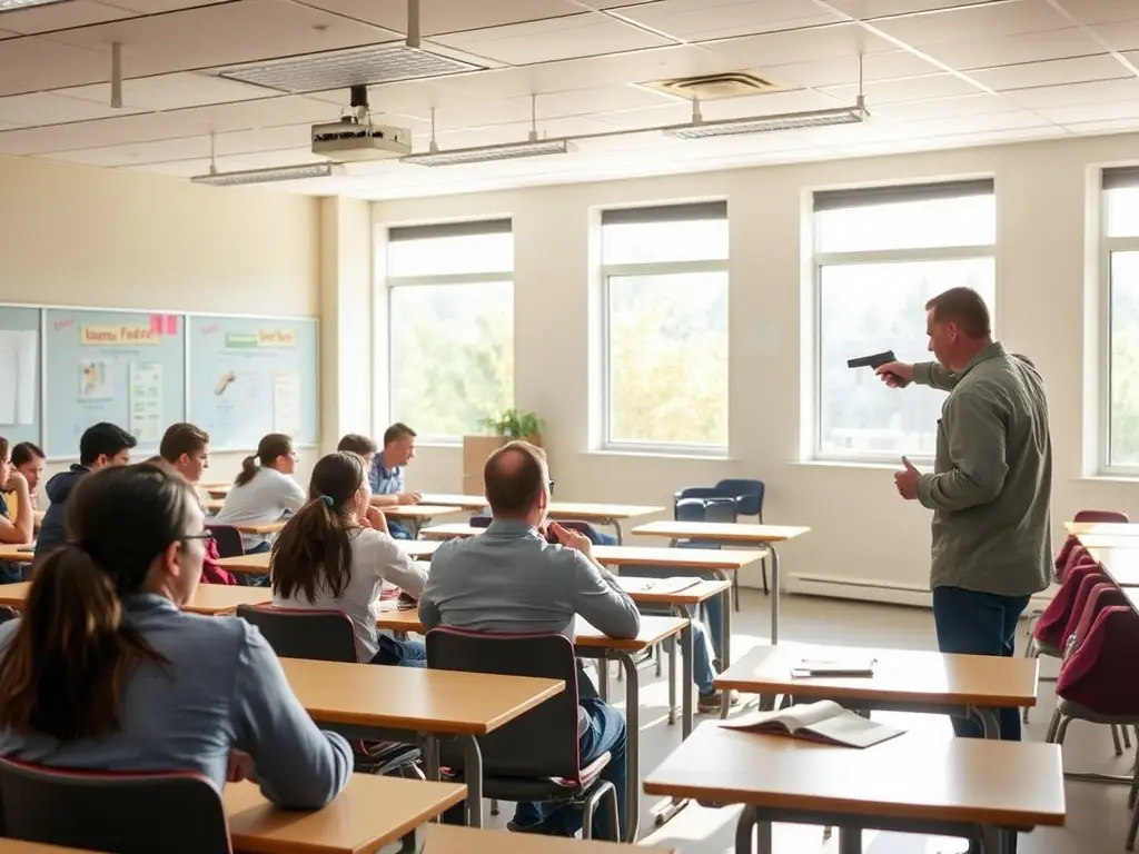 A photograph showing participants in a hunting safety course, learning about responsible hunting practices and firearm safety.