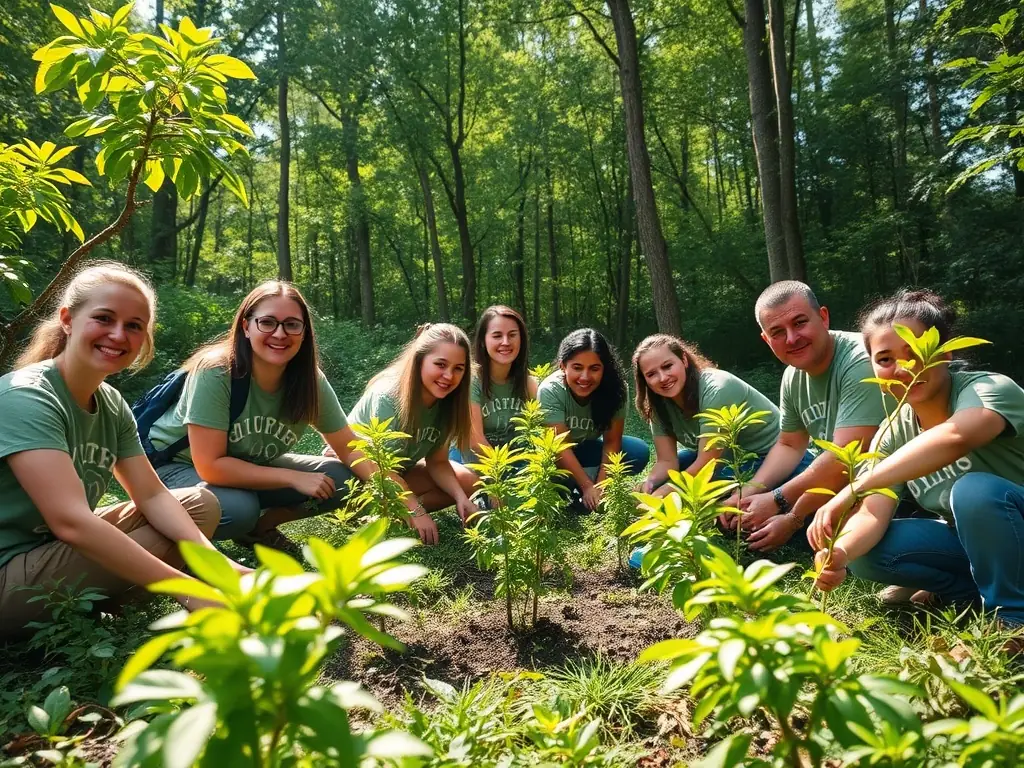 A photograph depicting a group of volunteers planting trees as part of a reforestation project organized by SOCIETE DE CHASSE DE NAVES, showcasing their commitment to ecosystem preservation.