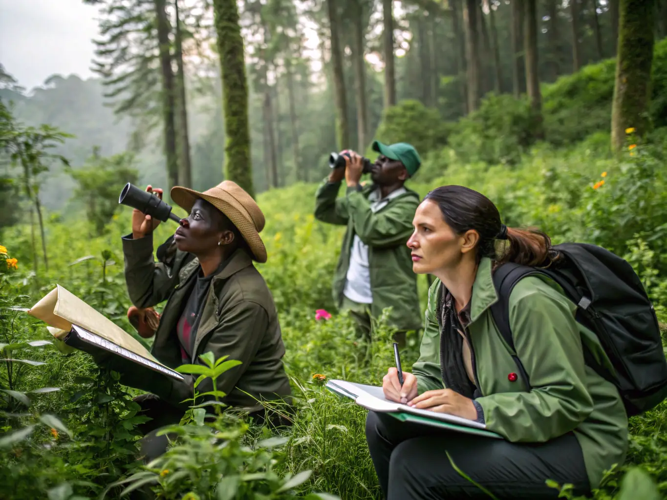 An image depicting a wildlife monitoring team in action, using binoculars and GPS devices to track animal populations and assess habitat conditions.