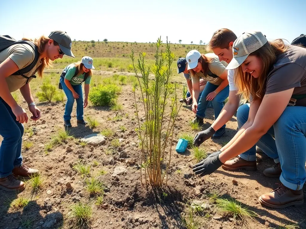 A photo of volunteers planting trees in a deforested area, highlighting the organization's commitment to habitat restoration.