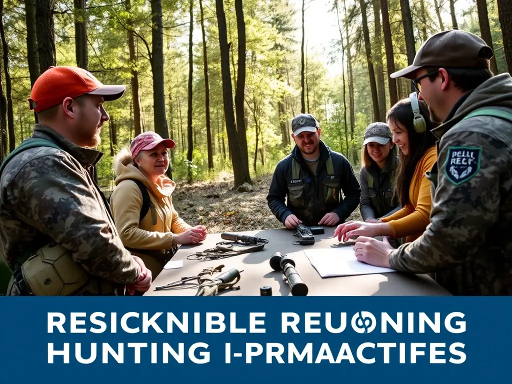 A photograph capturing a community event where members of SOCIETE DE CHASSE DE NAVES are educating local residents about responsible hunting practices and environmental stewardship.